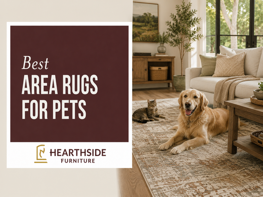 Best area rugs for pets in a cozy living room with a dog and cat resting on a patterned rug hearthside furniture