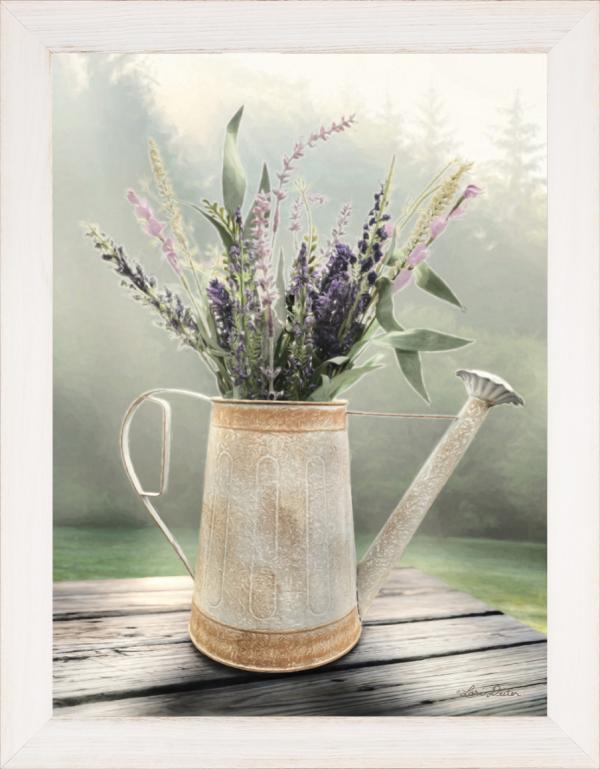 Lavender Watering Can in Rustic White Frame