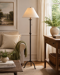 Living room with a floor lamp, sofa, and decorative items.