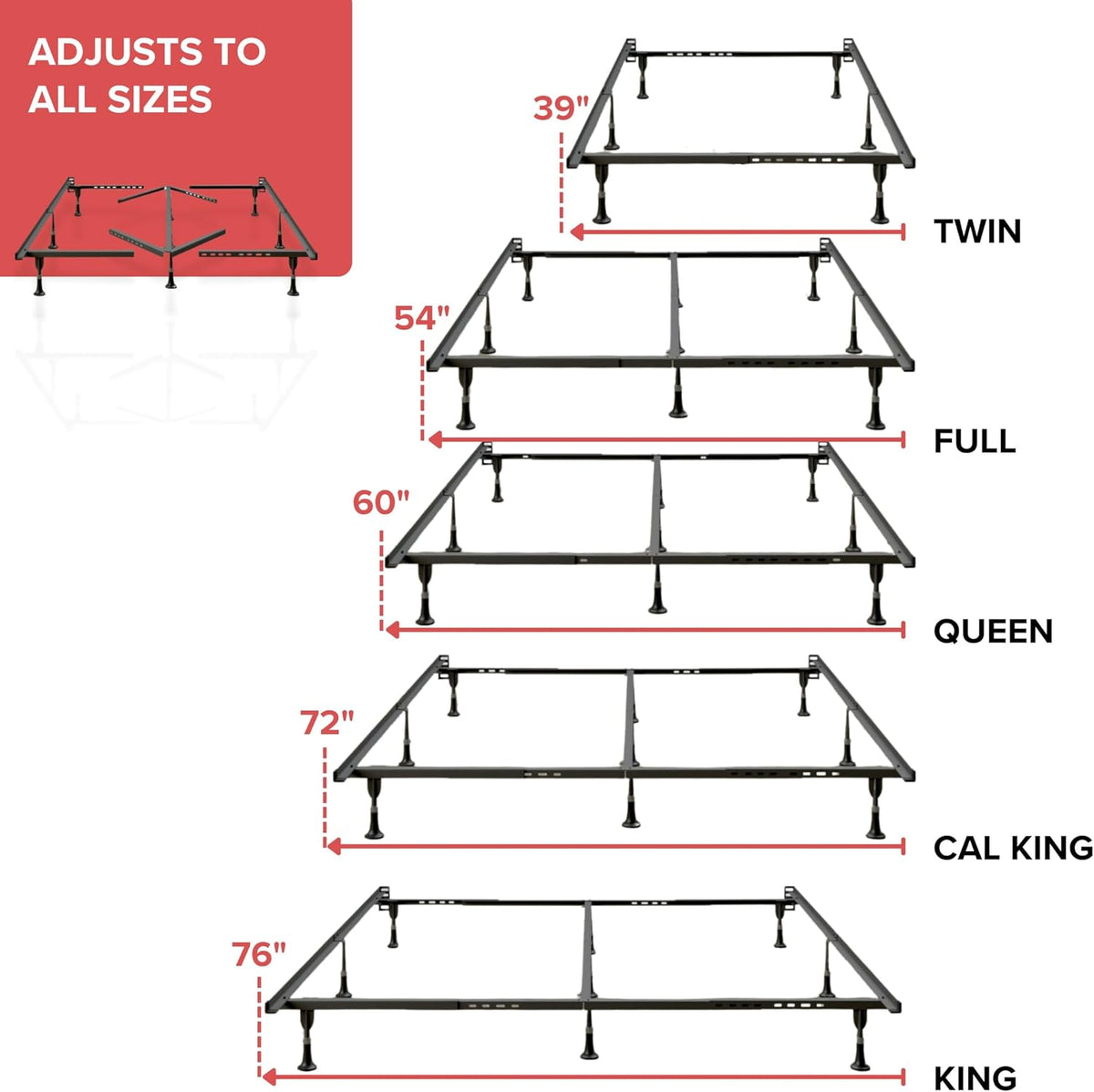 Heavy-Duty Adjustable Steel Bed Frame – 9-Leg Support, Center Rail, Tool-Free Assembly, Fits All Sizes