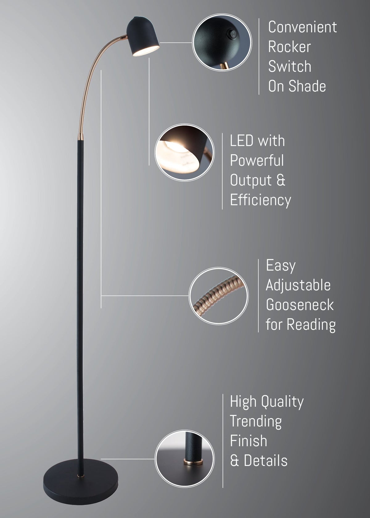 Tiara LED Adjustable Gooseneck Floor Reading Lamp – Black & Antique Brass