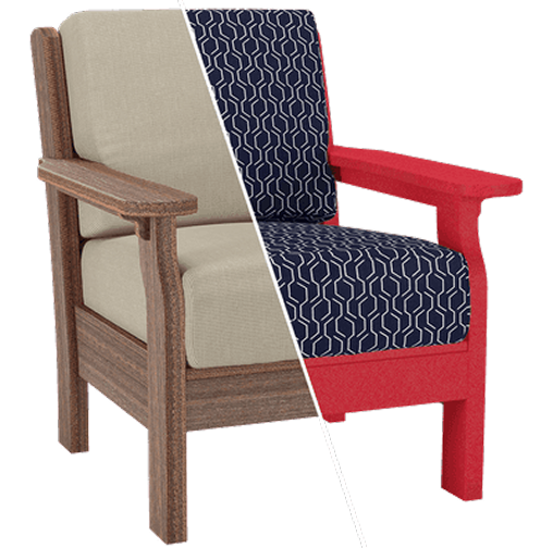 Outdoor lounge chair in beige wood and red with navy patterned cushion options