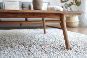 A close-up image of a mid-century modern solid wood coffee table with tapered legs, resting on a textured off-white rug. The background is softly focused, suggesting a cozy living space with a neutral-toned sofa and decorative pottery, creating an atmosph