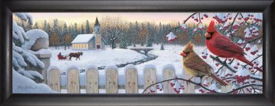 White Crimson Morning Cardinal Framed Art – 12x36